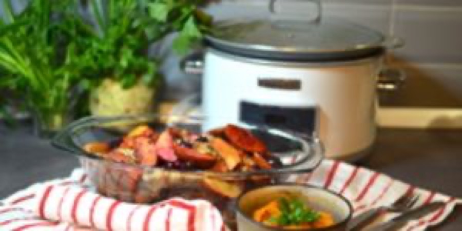 Rata cu fructe caramelizate si piure de cartofi dulci la slow cooker Crock-Po...
